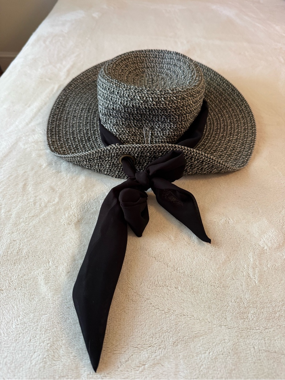 Nine West Grey Woven Sun Hat with Black Scarf